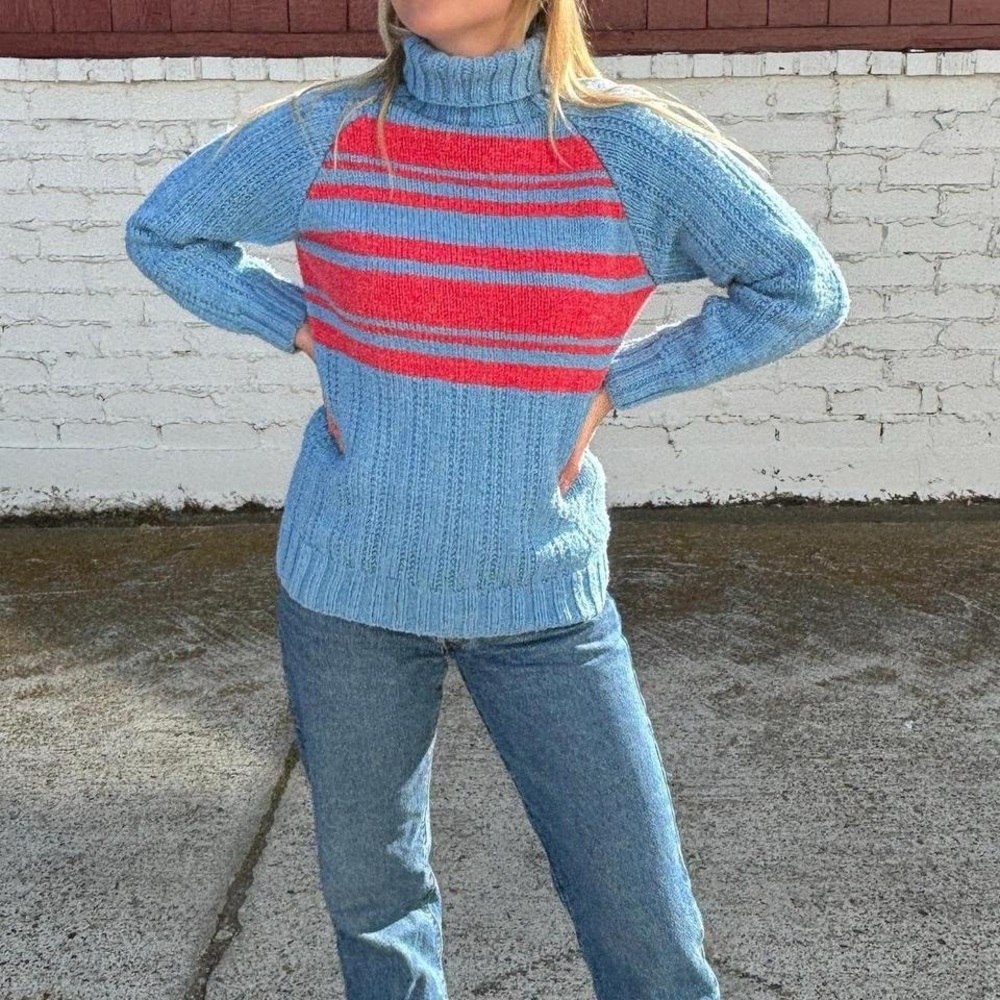 Vintage Blue and Red Stripe Turtleneck Sweater